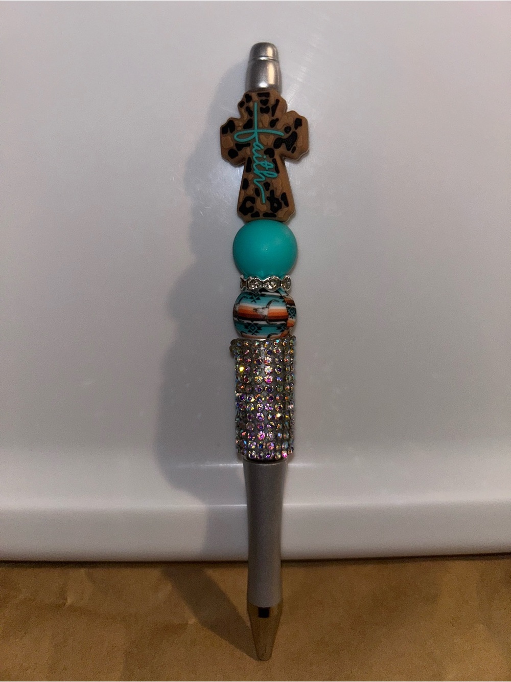 Hand Crafted Turquoise Leopard Cross Beaded Rhinestone Pen